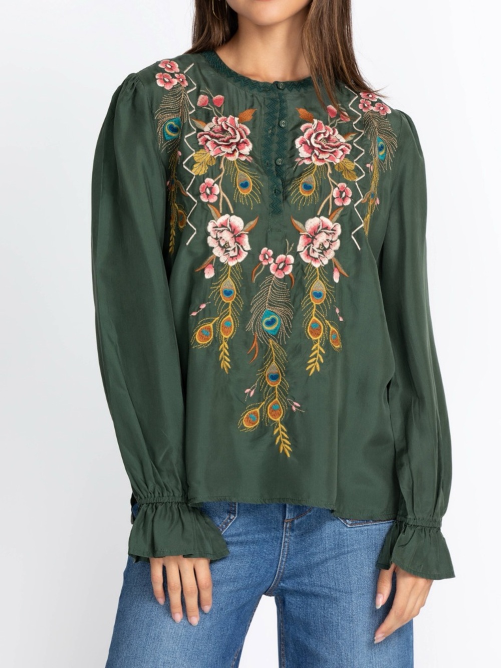 Johnny Was Quito Victorian Prairie Forest Green Embroidered Peacock Blouse